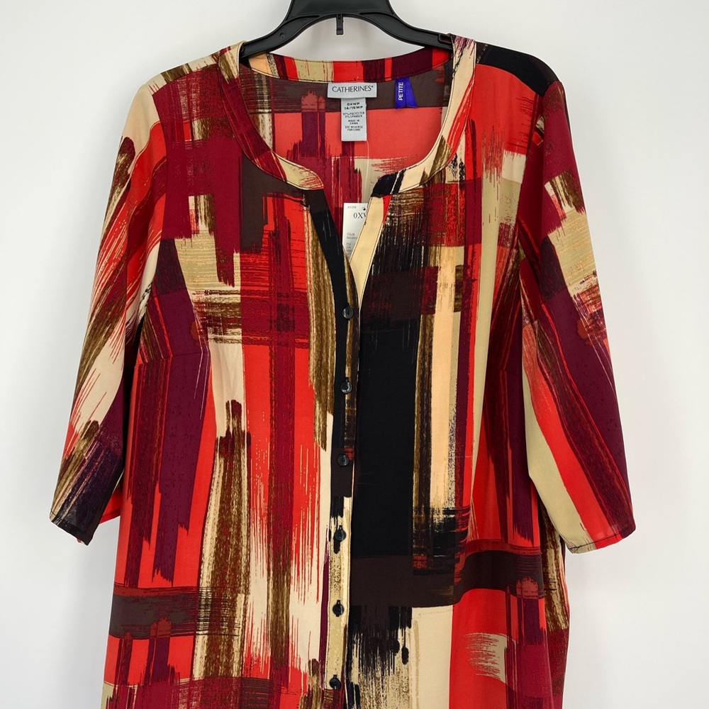 Catherines Women 14/16WP Abstract Print Roll Tab Sleeve Blouse Petite NWT